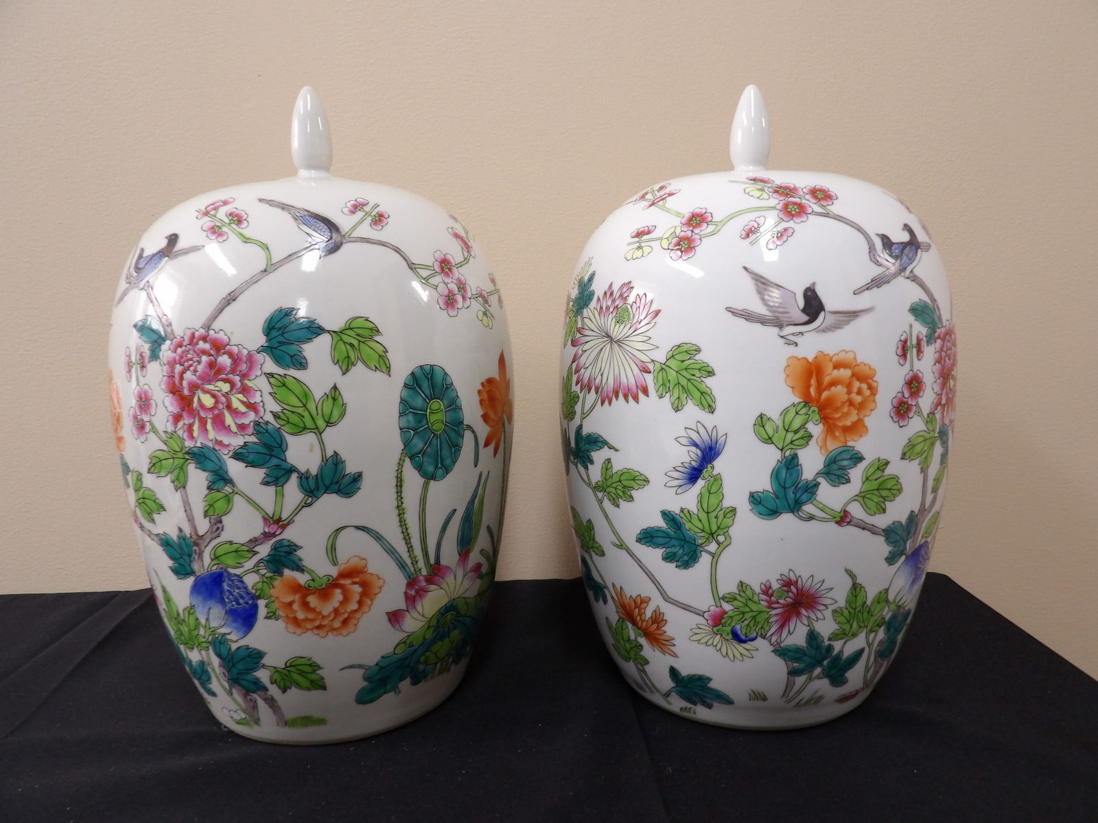 Lot of 2 Chinese tall ginger jar hand painted flowers birds bats Republic Era (1 of 8)