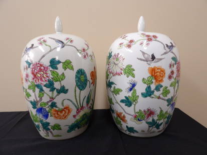 Lot of 2 Chinese tall ginger jar hand painted flowers birds bats Republic Era: 13 inches height.