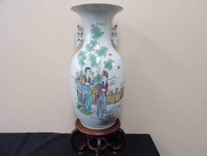 Republic Era hand painted Chinese porcelain vase calligraphy signed with wooden stand: Vase is 16.7 inches height. Wooden base is 5.5 inches height.