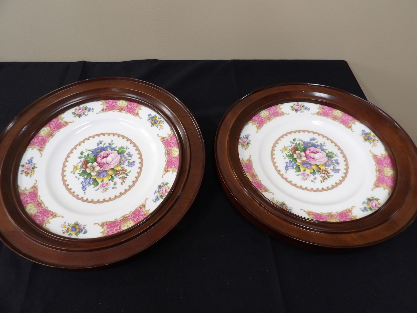 Royal Albert England Lady Carlyle porcelain plate inside wooden hanging frame lot of 2: 13 inches diameter frame.