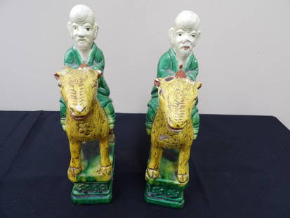 Rare lot of 2 antique Chinese sancai statue of immortal riding mythical animal Ming dynasty: 10.5 inches height. Both animals' middle horns were probably originally cut, not chips.