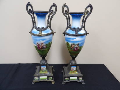 Antique pair of hand painted French porcelain and mixed metal amphora vases: 15.5 inches height.