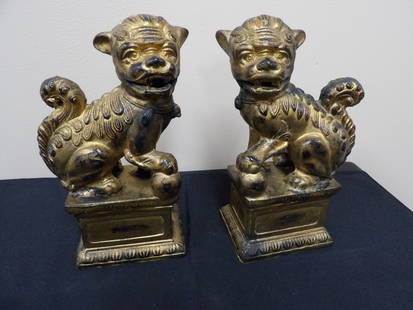 Pair of gold gilt Chinese bronze foo dog statue: Over 9 inches height. Bottom has protective film.
