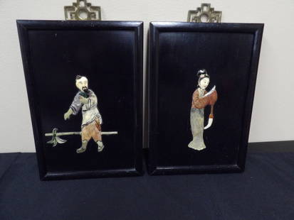 Lot of 2 Chinese MOP and stone inlays black lacquer wall hanging panels: 10.2 inches height.