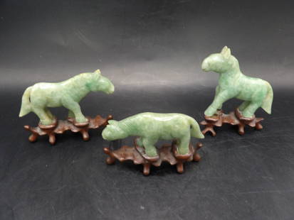 lot of 3 Chinese jadeite jade horse carving with wooden stand: Horse statues are adhered to wooden bases. Tallest one with base is 2.7 inches height.