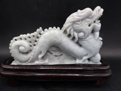 Chinese jadeite jade dragon carved statue with wooden base: Jadeite jade statue is 6.5 inches length. Statue is adhered to wooden base and total weight is 684 grams.