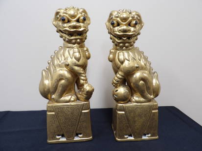 Rare Chinese Qing dynasty gold gilt porcelain foo dog pair lot of 2 19th century: Over 14 inches height.