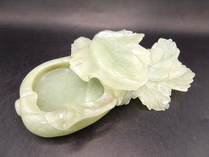 Chinese large jade carved brush washer: 7 inches length. 451 grams.