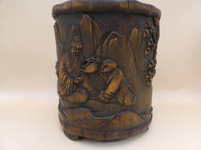 Fine carved Chinese bamboo brush pot: Size is 5.7 x 5.7 x 6.4 inches.