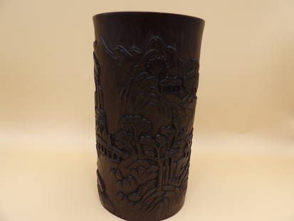 Chinese fine carved bamboo brush holder: Size is 3.2 x 3.2 x 6 inches.