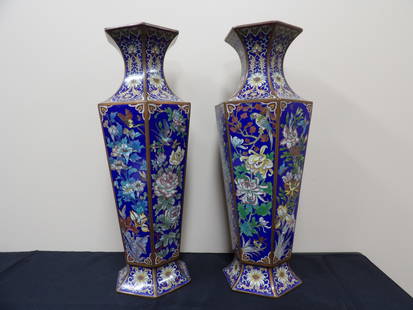 Gorgeous pair of Chinese cloisonne hexagon shaped tall vases over 18 inches height: 18.4 inches height.