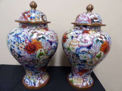 Rare huge Chinese cloisonne lidded jar pair with vibrant floral pattern 20 inches height: Approx. 20 inches height.