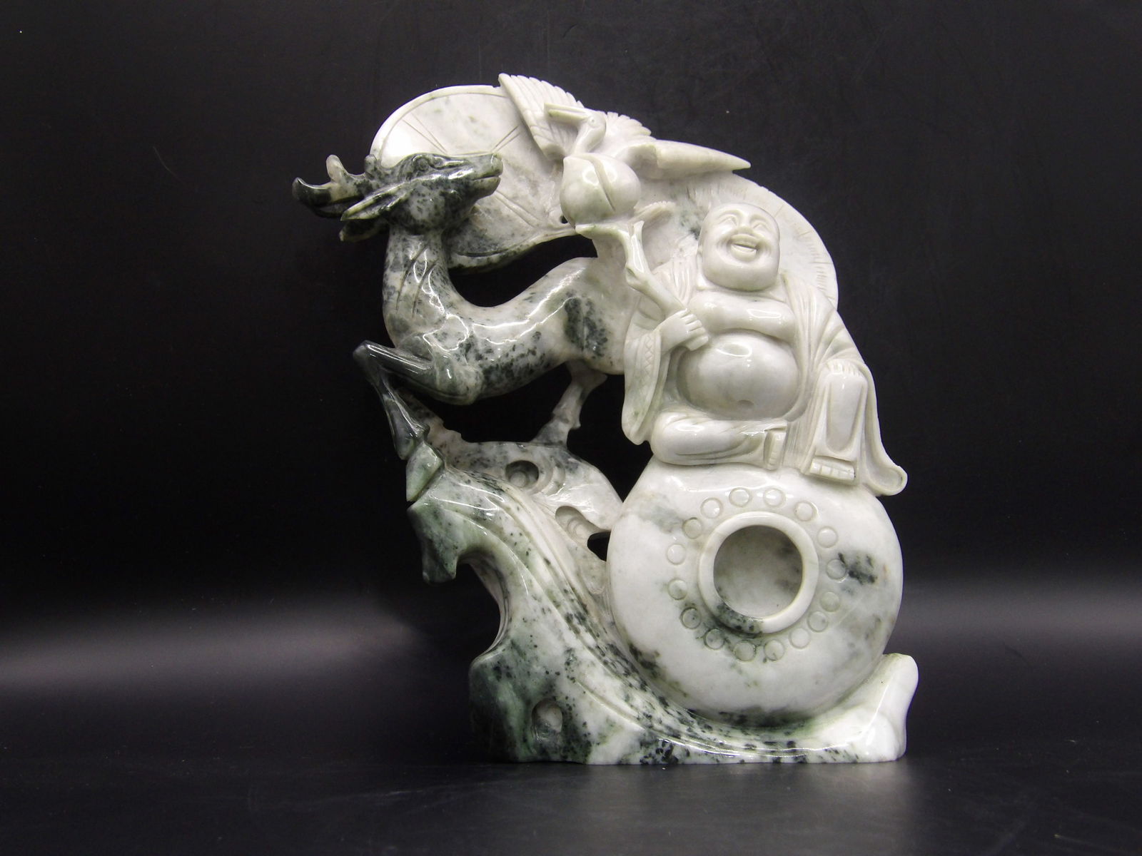 Chinese Large Jade Carving of Buddha Deer Crane Coins 1866 grams (1 of 7)