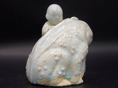 Chinese Crack Porcelain Boy Climbing Frog Water Dropper: Size is 4.2 x 4 x 3.5 inches.