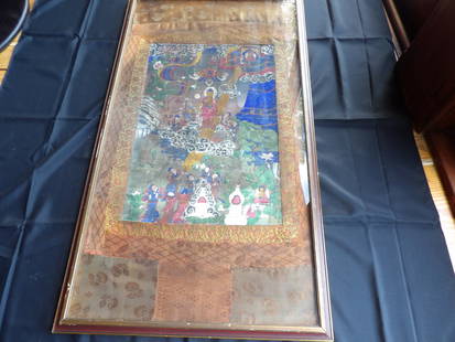 Antique Hand Painted Bhutan or Tibetan Thangka 18th Century: Vibrant colors. Thangka has fold lines. Framed under glass in a wooden frame. Wood frame size is 25 x 44 inches. Actual painting area size is 16.5 x 24 inches. No reserve.