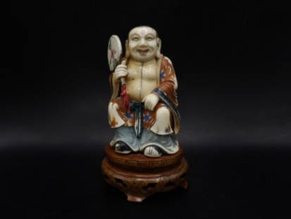 Japanese polychrome hand painted fine carved figurine with wooden base - No Export: Figurine is 3.5 inches height. With wooden base 4.7 inches height. No Export.