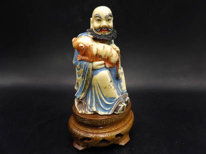 Japanese fine carving figurine hand painted with custom wooden base - No Export: 3.4 inches height figurine. With wooden base 4.6 inches height.