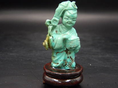 Chinese Qing Dynasty Turquoise Boy Carving Custom Stand: Fine Chinese antique turquoise carving of a boy. 2.8 inches height including custom stand.