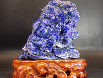 Chinese Lapis Lazuli Flowers and Birds Carving Custom Stand: Carving 6 inches height. Stand 1.7 inches height. 1402 grams.