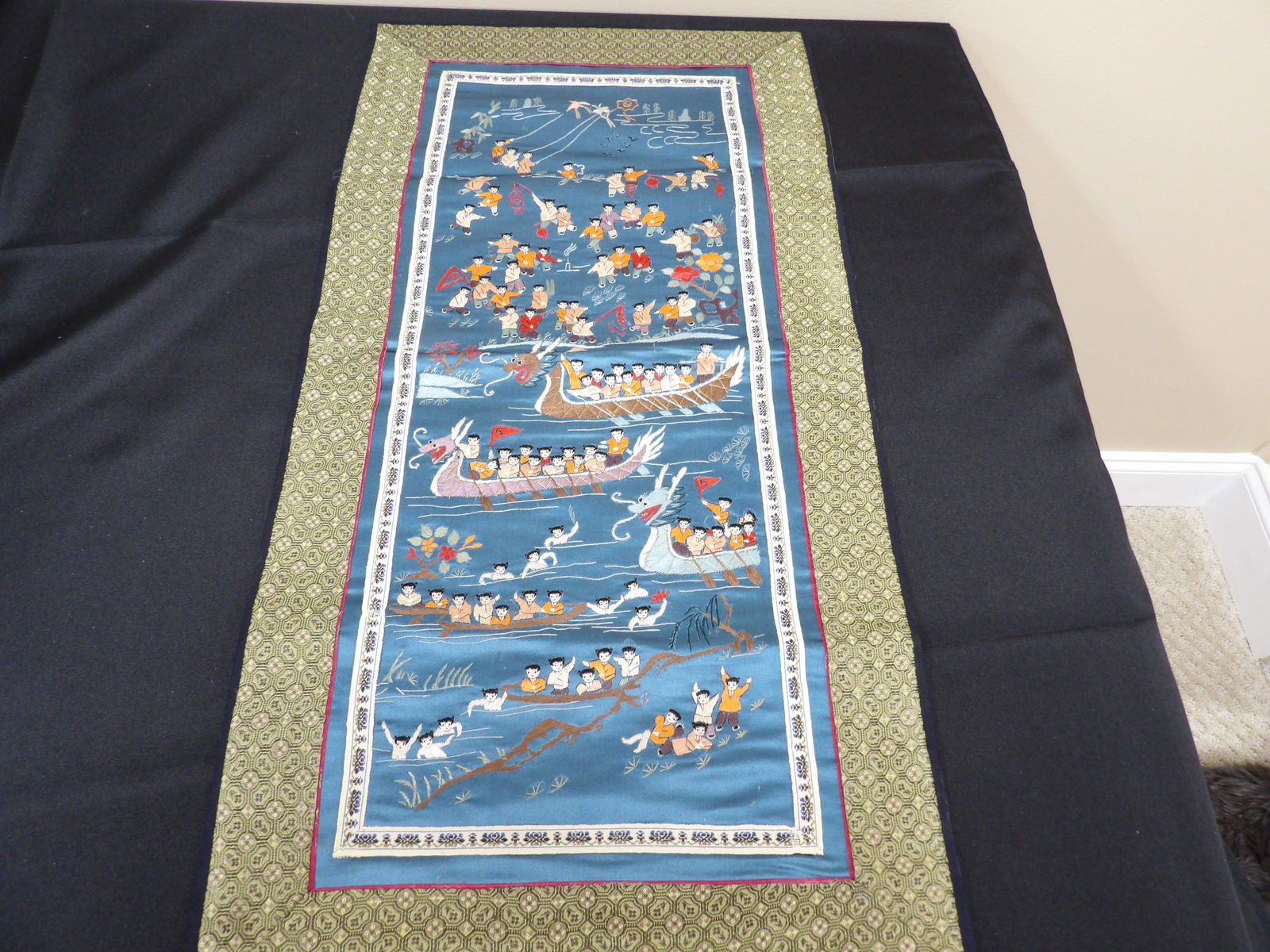 Chinese Silk Embroidery Many Children Playing Scenes Dragon Boat: 25 x 13 inches.