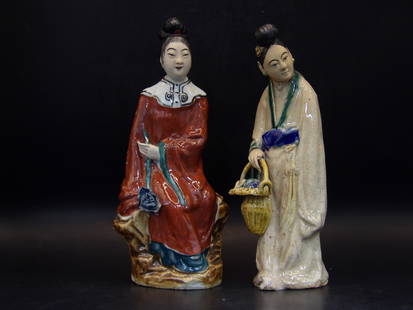Lot of 2 Chinese Republic Era Porcelain Figurines Maker Cai Xing Shun: 5 and 5.2 inches height. Both stamped China on the bottom. One figurine was made by famous maker Cai Xing Shun.