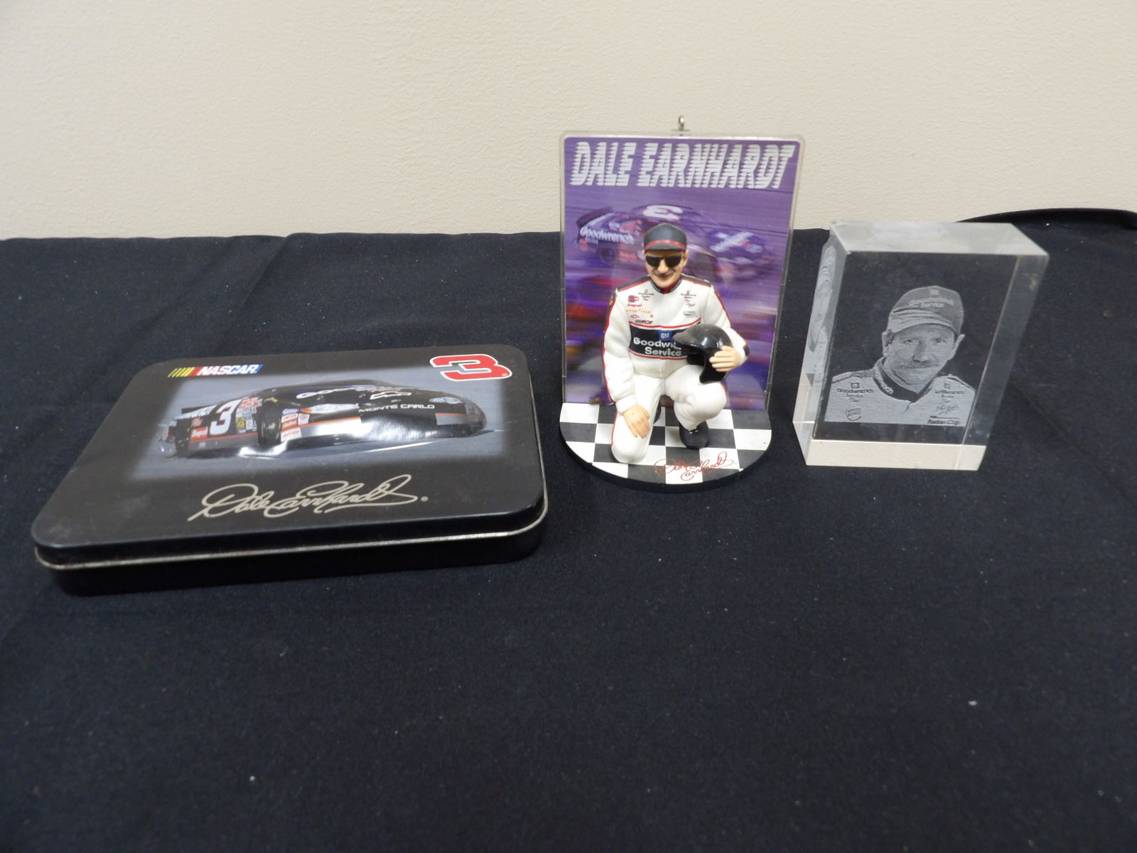 Lot of 3 Nascar playing cards, Dale Earnhardt figurine and etched crystal glass paperweight (1 of 6)