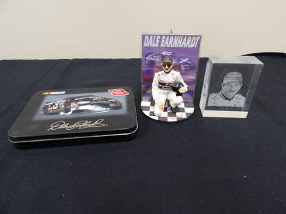 Lot of 3 Nascar playing cards, Dale Earnhardt figurine and etched crystal glass paperweight: Playing cards are unopened.