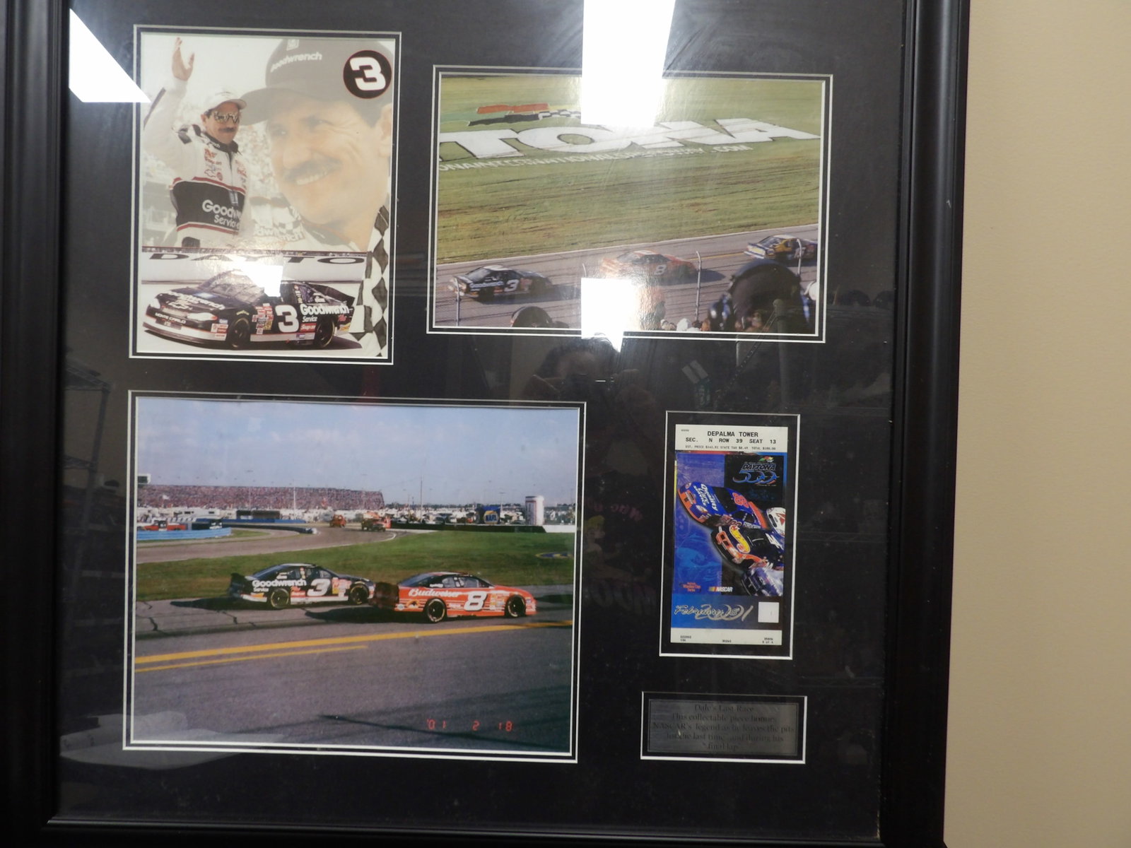 Nascar Dale's last race framed memorabilia: Frame size is 29 x 30 inches.