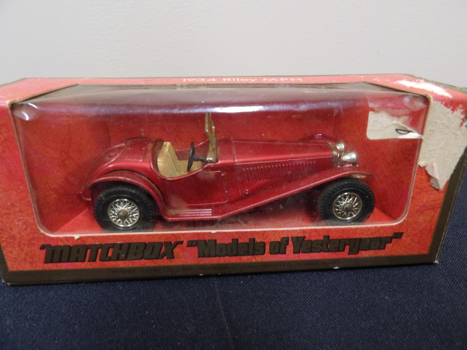 Matchbox Models of Yesteryear 1934 Riley MPH in original box: 4 inches length scale car in 6 inches length box.