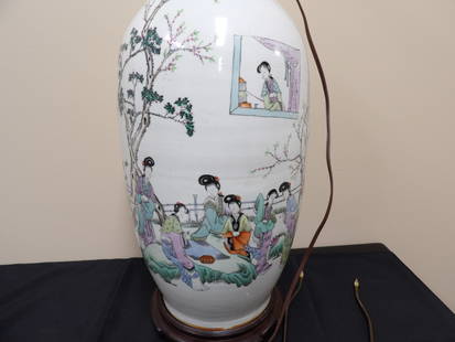 Antique Chinese hand painted large porcelain vase converted lamp fine painting Chinese calligraphy: 23.5 inches height.