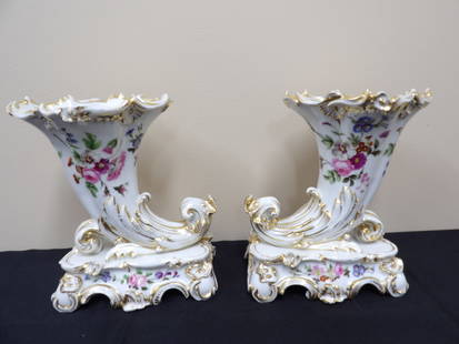 Antique pair of Paris porcelain bouquetieres Cornet vases France 1840: Approx. 9 inches height.