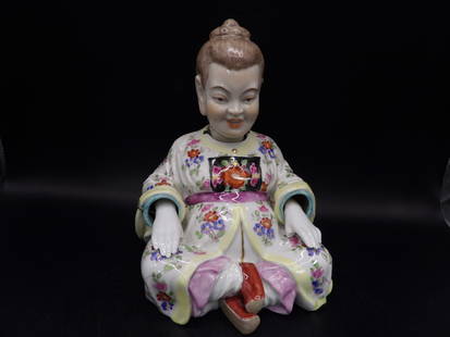 Dresden porcelain nodder: Size is 5.8 x 6 x 7.2 inches. Head nodding function intact but hands don't move up and down. Thumbs are missing.