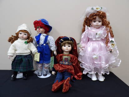 Lot of 4 fine porcelain dolls including Alberon, Mundia and Seymour Mann: One rare Alberon Keena Irish doll, 2 Seymour Mann dolls and one Mundia doll. Tallest one is 17 inches height.