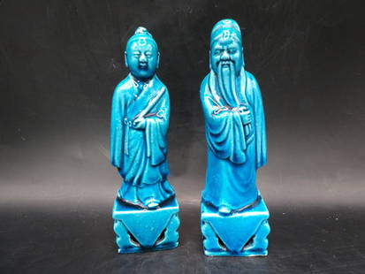 Chinese antique turquoise glazed porcelain figurines lot of 2 Republic Era: 5.6 inches height.