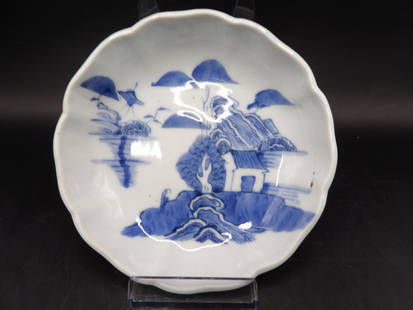 Chinese or Japanese porcelain shallow bowl or plate: 5 inches wide opening.