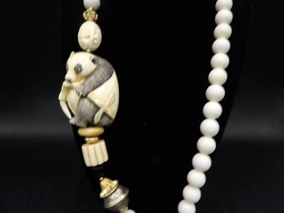 Signed carved natural material panda 34 inches long necklace 14k gold beads - No Export: Large signed carved panda is made of natural material. No export. 34 inches long with carved large beads.Some beads were tested as 14k gold.