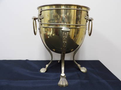ornate French champagne ice bucket jardiniere with long claw feet rings beaded bands: 13 inches height. Edwardian style.