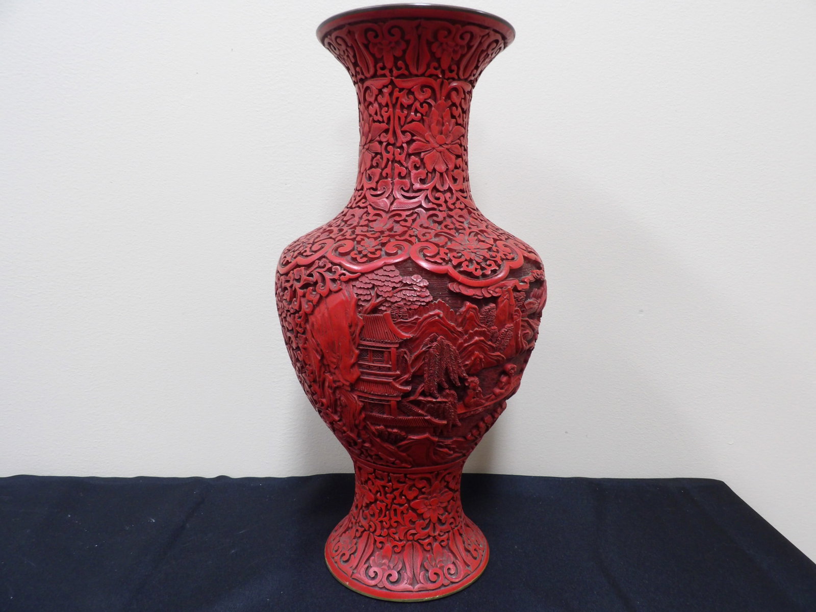 Chinese cinnabar brass vase with carved scenery panels: 15 inches height.