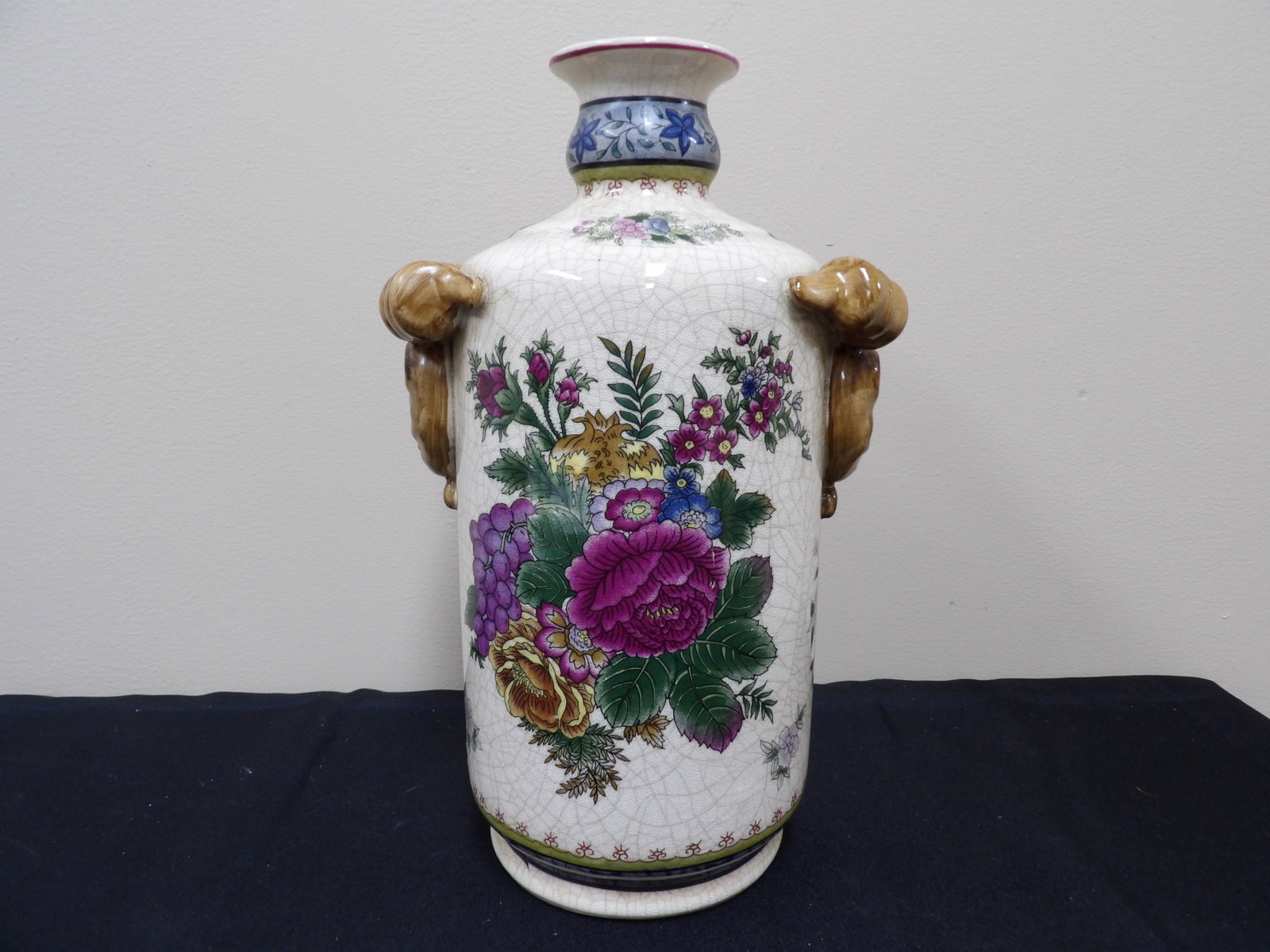 Chinese crack porcelain floral pattern vase with ornate handles: 12 inches height.