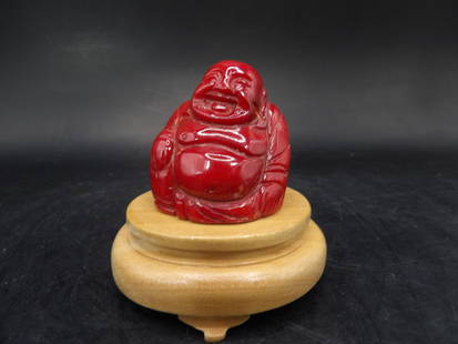 Chinese coral carved laughing buddha on wooden base: 1.3 inches height not including wooden base.