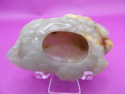 Chinese jade carved brush washer with raised tree motif ** Entire auction is No Reserve.: 3 inches length. 119 grams.