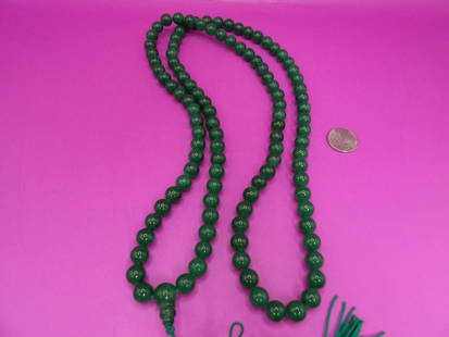 40 inches long Chinese green jade beaded mala prayer beads necklace vibrant color: 40 inches length. 159 grams.
