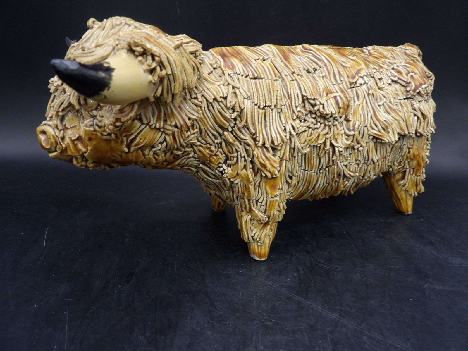 vintage ceramic spaghetti Scottish Highland bull figurine: Approx. 9 inches length.