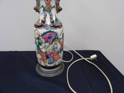 antique Chinese porcelain vase converted lamp hand painted warrior scene: 20.5 inches height. Working condition.