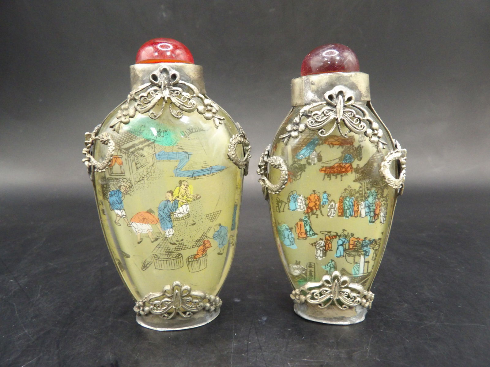 lot of 2 Qing dynasty Guangxu mark inside painted glass snuff bottle with Chinese silver filigree (1 of 9)