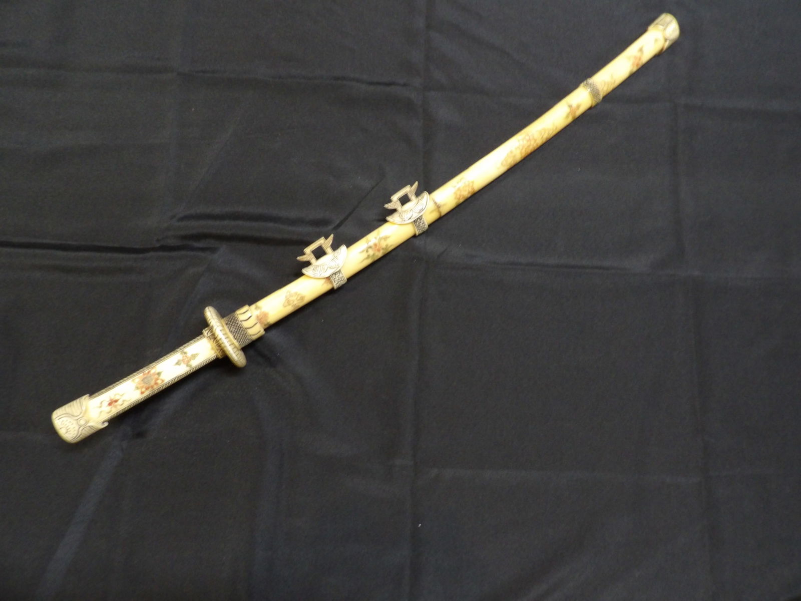 rare antique Asian very fine carved polychrome long bone sword with bone blade: 35 inches length.