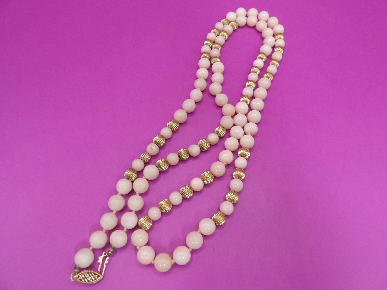 14k gold ball beaded and angel skin coral necklace 43 grams (1 of 5)