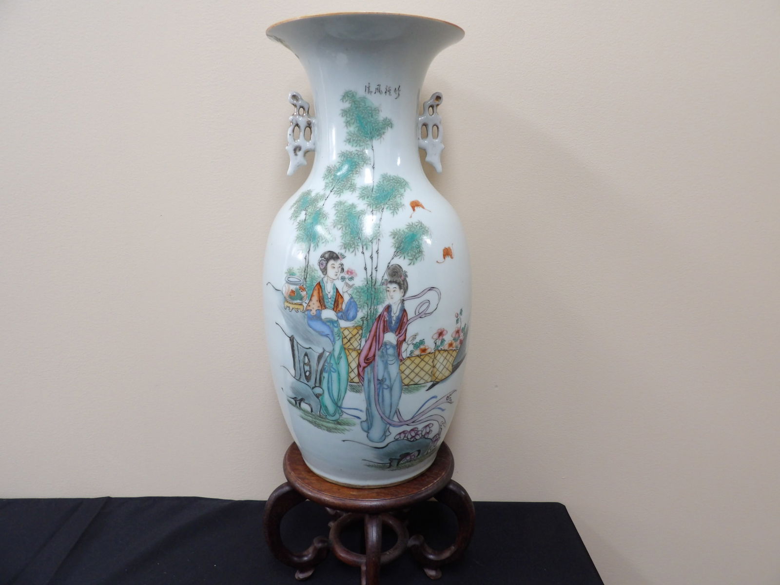 Republic Era hand painted Chinese porcelain vase calligraphy signed with wooden stand (1 of 11)