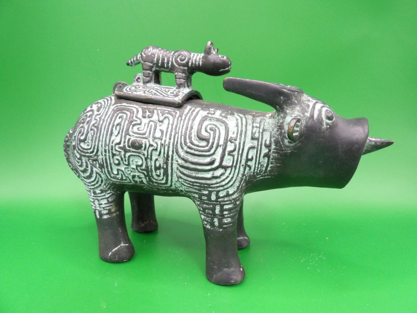 Chinese archaic style bronze statue with lid probably incense burner (1 of 7)