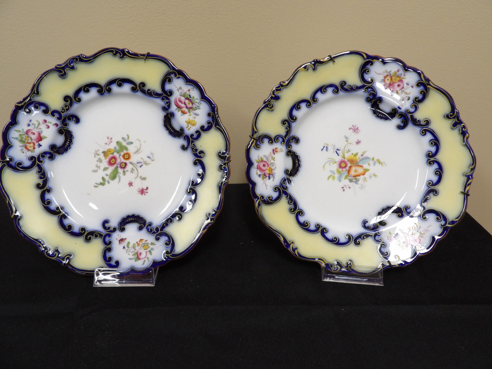lot of 2 antique Cauldon Place Works Talbot Dessert bone china plates: 9 inches diameter. Both plates have metal wall hanging wires.